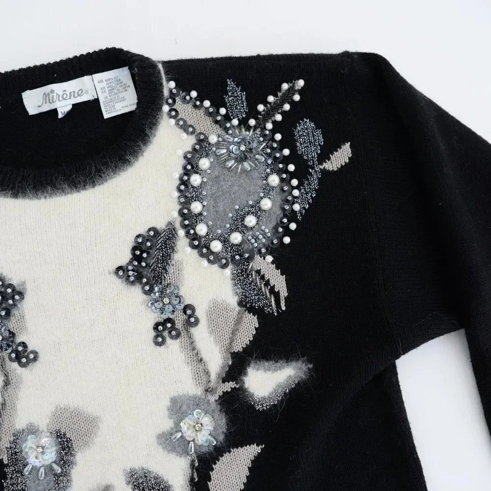 Vintage Angora Elegant Black and White Floral Sweater - Picture 10 of 13